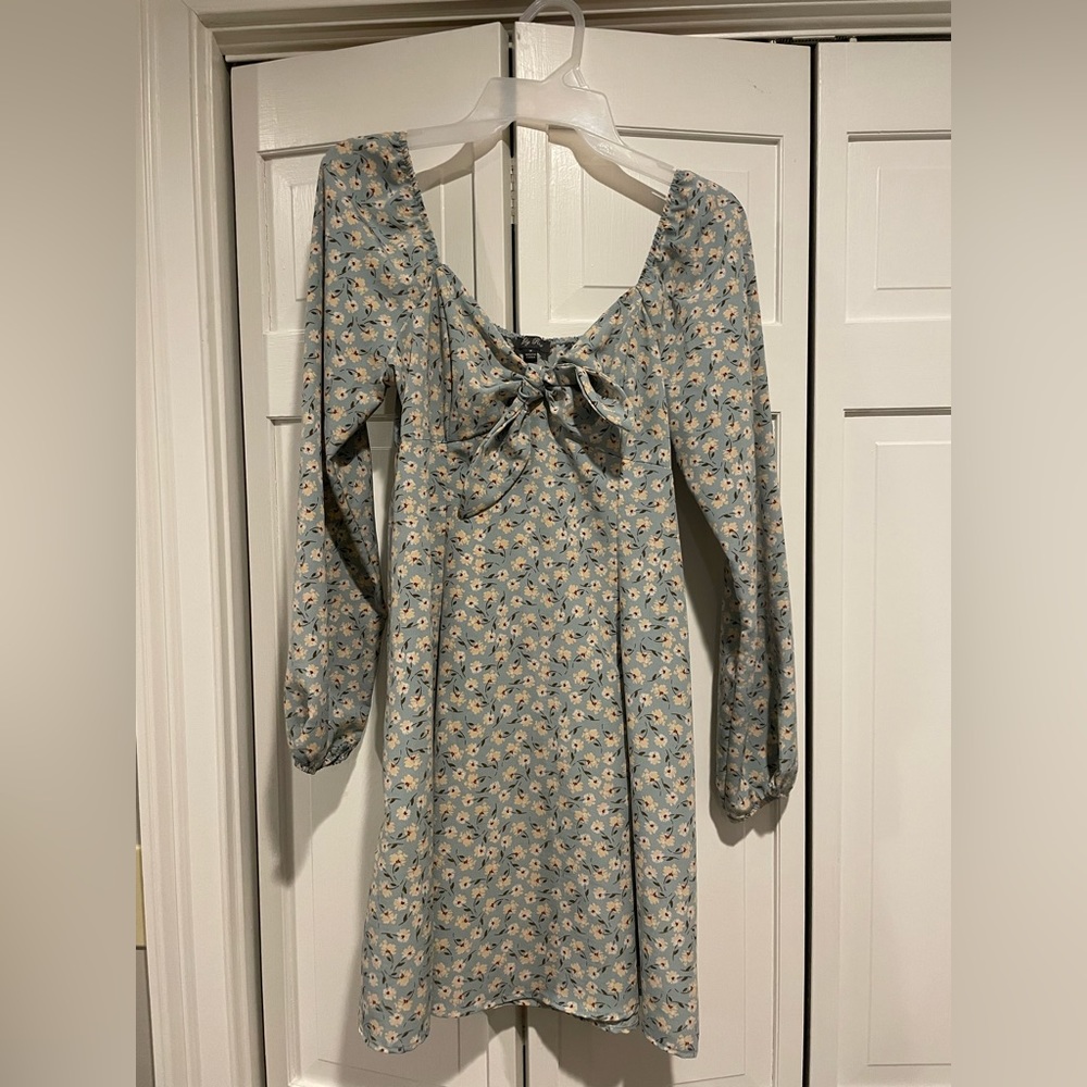 LILY ROSE baby blue dress long sleeve with white flowers SIZE MEDIUM